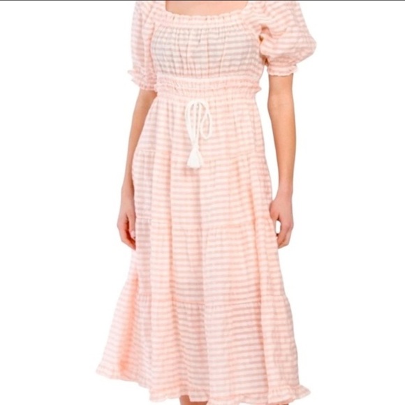 Moon River Pink and White Tiered Tie Front Midi Dress - Picture 2 of 13